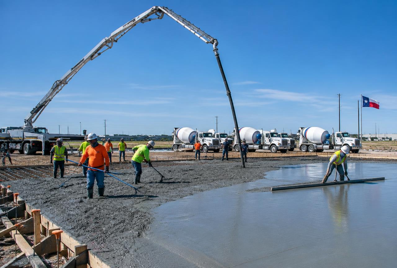 Commercial slab pour with a boom pump near San Antonio
